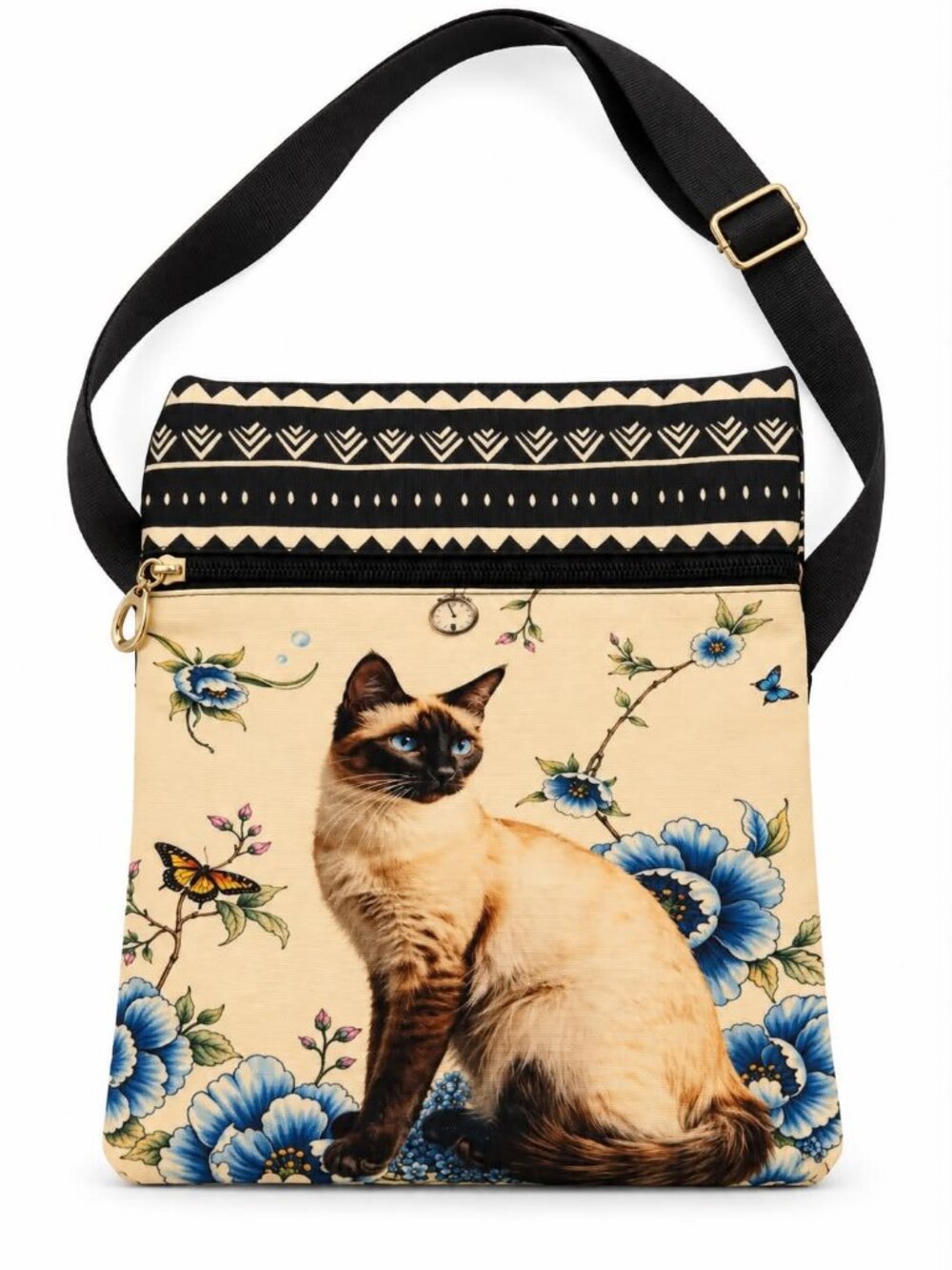 Siamese Cat and Blue Flowers Crossbody Bag